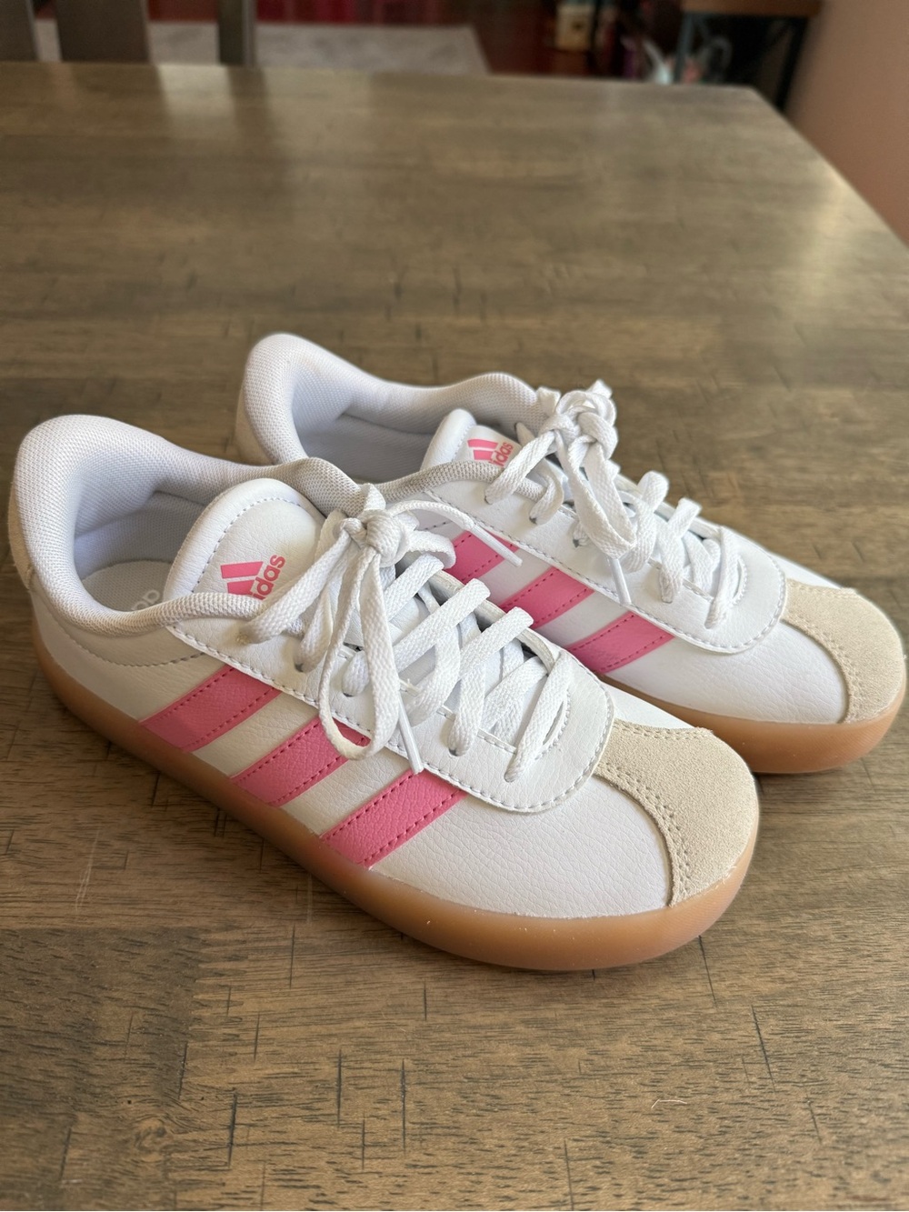 adidas Kids White Sneakers with Pink Stripes and Gum Sole